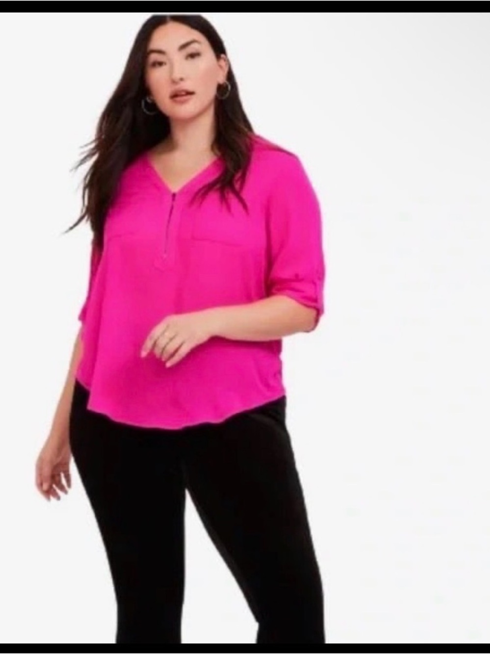 torrid 5 Hot Pink V-Neck Zip Front Roll-Tab Sleeve Blouse